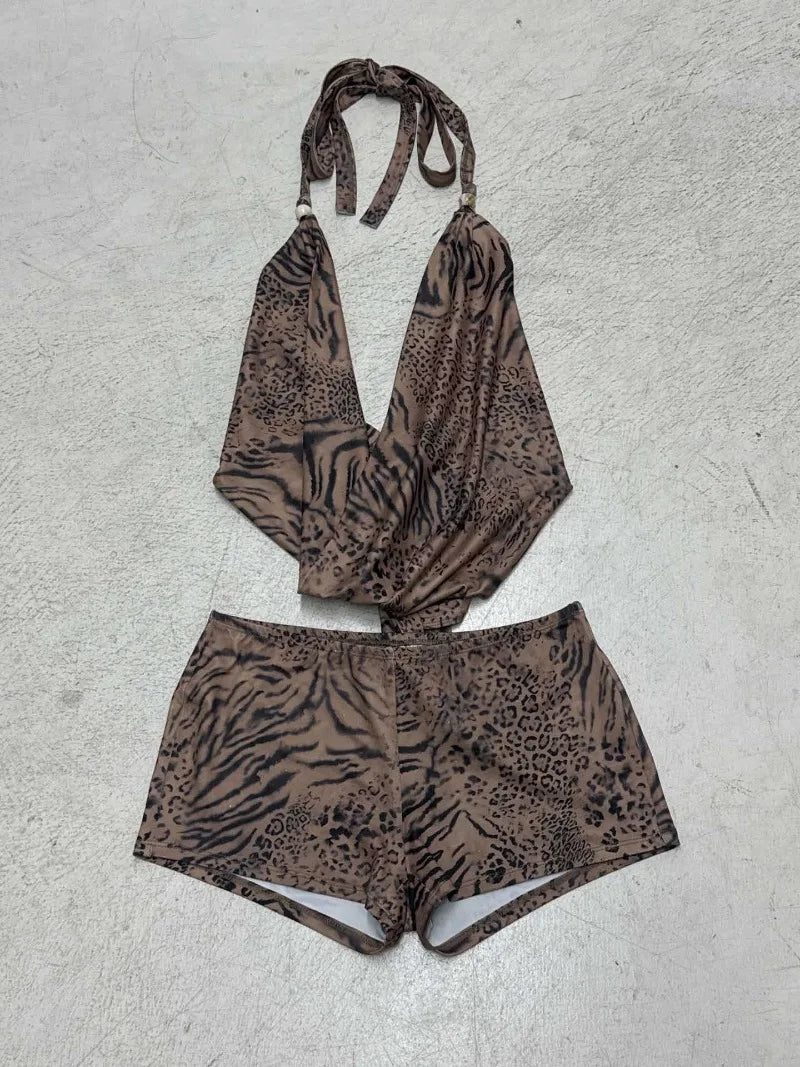 Women Sexy Leopard Print 2 Piece Set Swinging Collar Lace Up Halter Backless Tank Tops + Shorts Holiday Matching Suits Clubwear