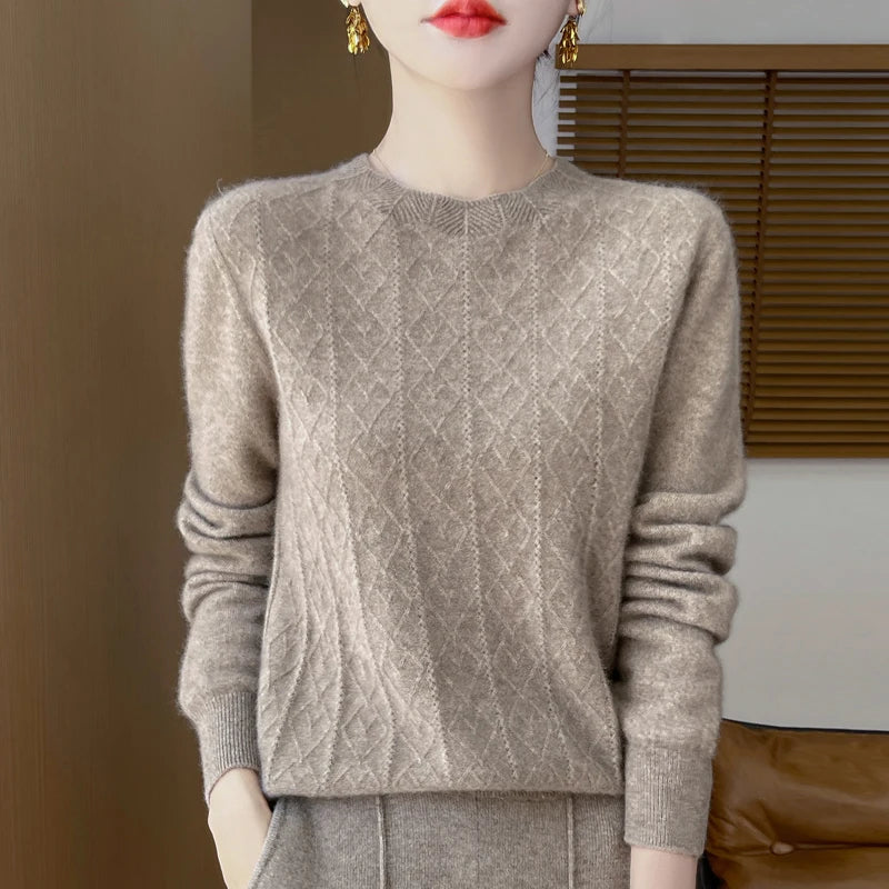 Fall/Winter 2024 New Women's Sweater 100% Pure Wool Lotus Collar Solid Color Loose Knitted Cashmere Pullover
