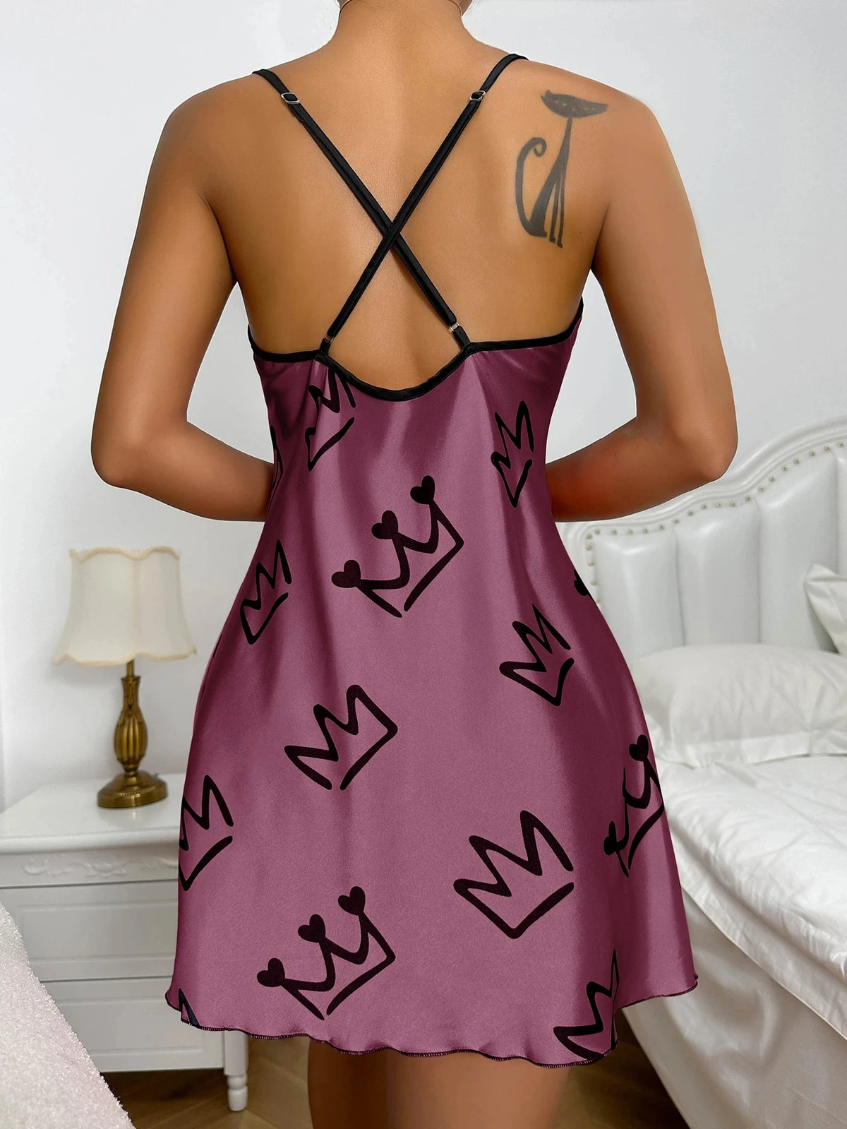 Heart Print Nightdress Elegant Scoop Neck Criss Cross Back Sleep Dress Women's Sleepwear