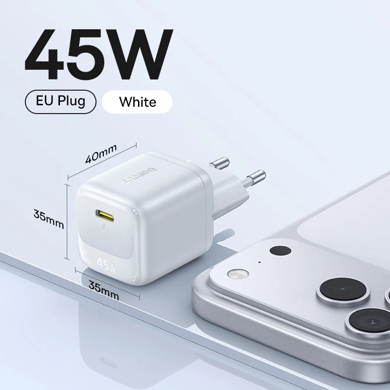 Baseus 45W GaN Charger Phone Charger For iPhone 17 16 15 14 13 Pro Max USB C Charger Support PD QC PPS Fast Charging For Laptop