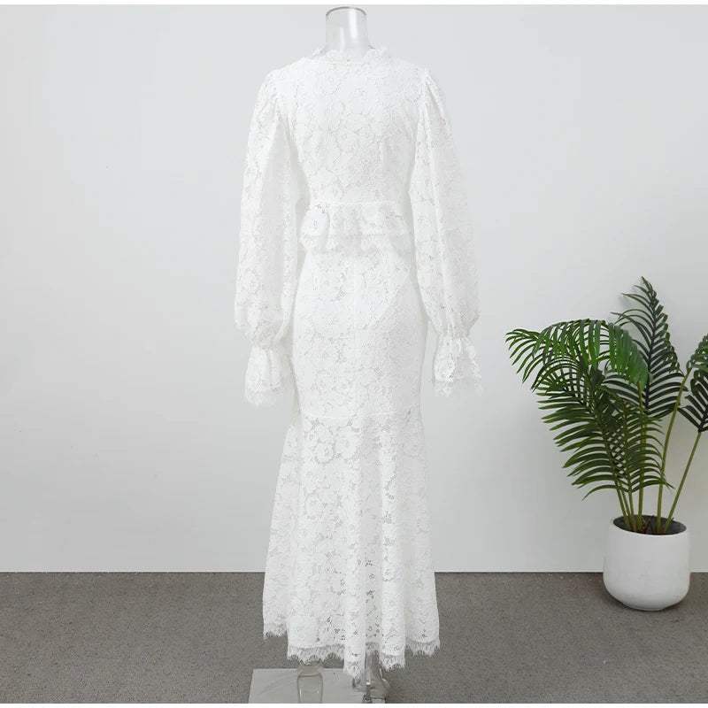 Women's Elegant Lace Up Flared Sleeve Long Dress Fashion Hollow Out Off Shoulder Bodycon Vestidos 2024 Lady New Beach Partywear