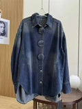 Autumn/Spring Button-down Long Sleeve Loose Fit Medium Jeans Top Casual Oversize Street Chic Washed Denim Shirt