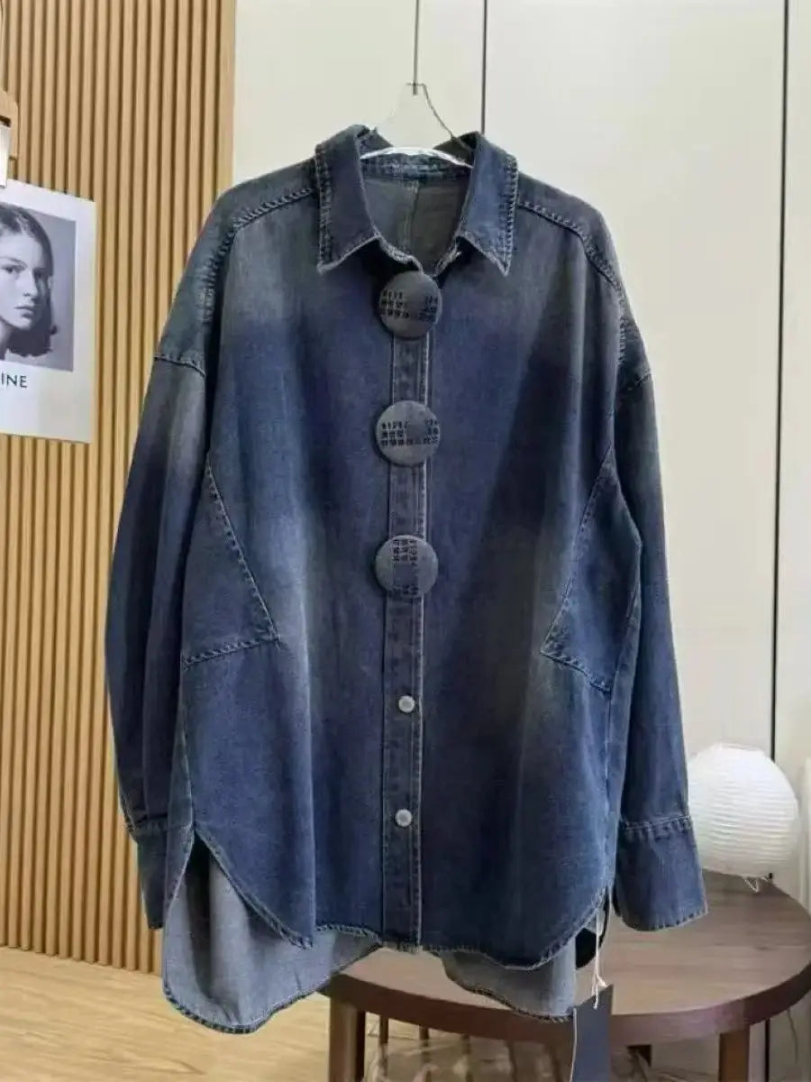 Autumn/Spring Button-down Long Sleeve Loose Fit Medium Jeans Top Casual Oversize Street Chic Washed Denim Shirt
