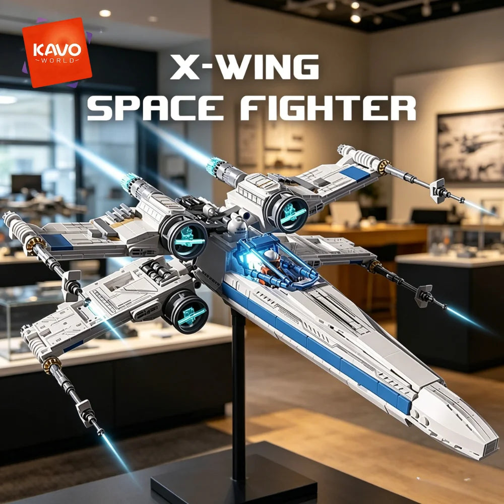 KAVOWORLD X-Wing Space Fighter Jet Building Blocks Toys Set with Pilot High-Technical Linked Wing Transformable Aircraft Model with LED Lights Retractable Landing Gear Spaceship Toy for Adults Birthday Christmas Gift for Spac