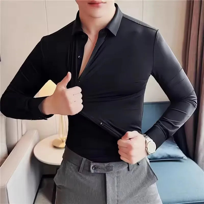 High Elastic Seamless Shirts Men Long Sleeve Muscle Sports Shirt European Size No Ironing Business Professional Workwear Causal