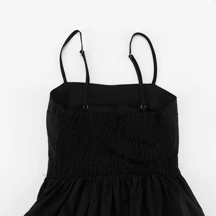FSMG Fashion Black Breathable Sleeveless Backless Halter Dress Summer Sexy Spaghetti Strap Hollow Out Pockets Side Long Skirt