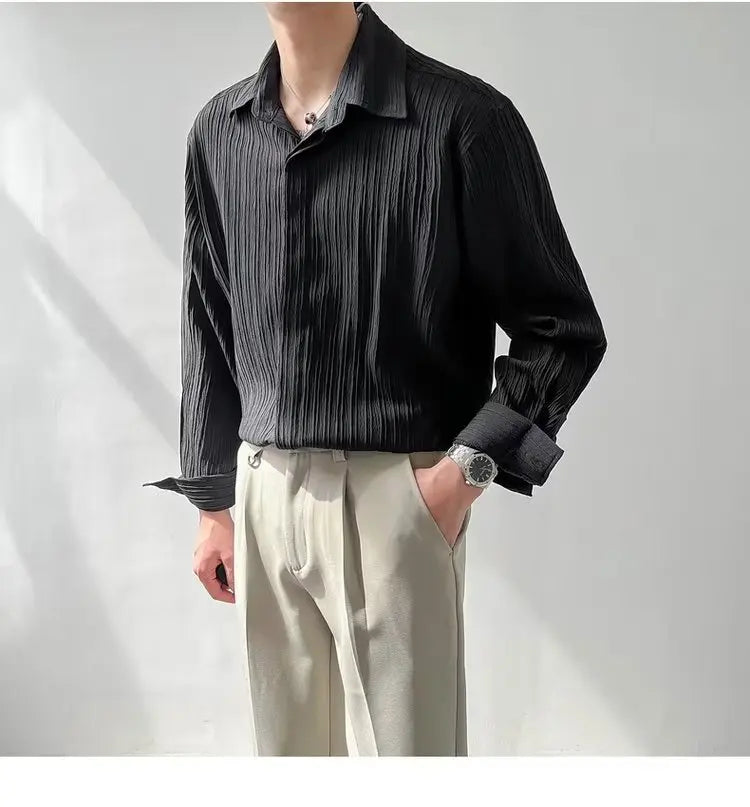 Black Apricot White Long-sleeved Shirt Men Fashion Social Mens Dress Shirt Korean Loose Casual Pleated Shirts Mens Formal Shirt