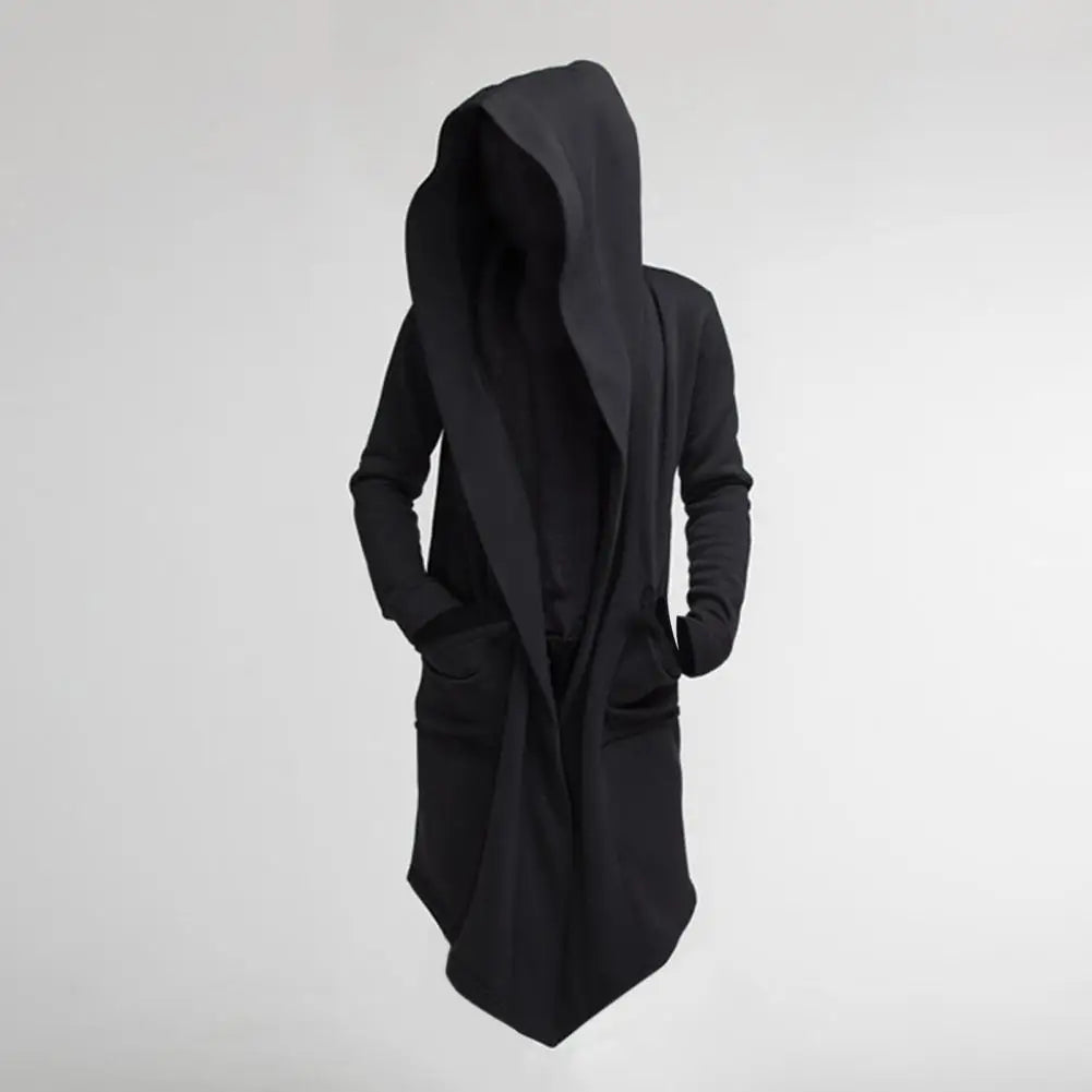 Oversize Men Coat Long Turn-down Collar Big Hat Cardigan Trench Coat Hooded Oblique Hem Big Pockets Men Windbreaker Outwear