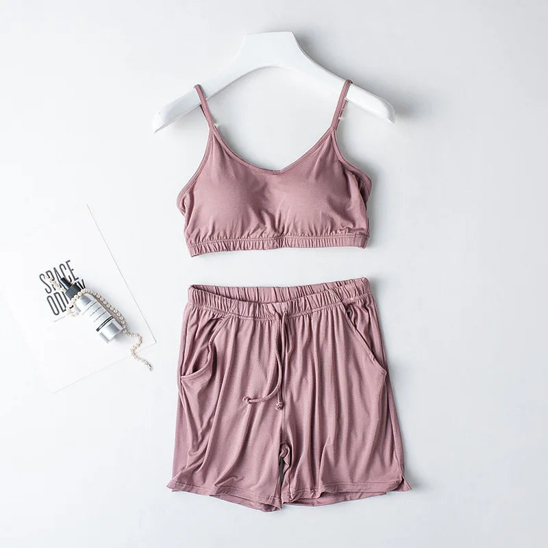 Spring/Summer Ladies Pajamas Sling + Shorts Modal With Chest Pad Solid Color Homewear Set Pajamas Sleepwear Lingerie