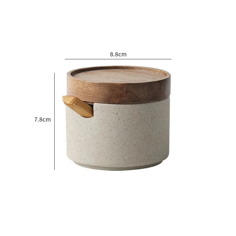 JUSTINLAU Ceramic Seasoning Jar Japanese Spice Container with Bamboo Lid Spoon Home Oil Pot Seasoning Bottle Tray Kitchen Tools