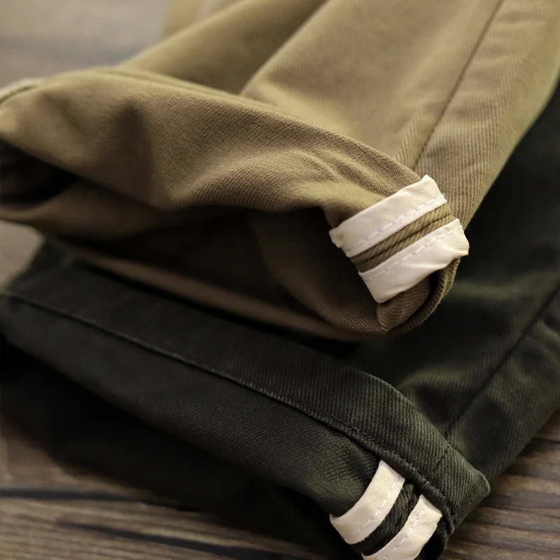 Spring New American Retro Twill Amekaji Chino Cargo Pants Men's Simple 100% Cotton Washed Slim Straight Business Casual Trousers