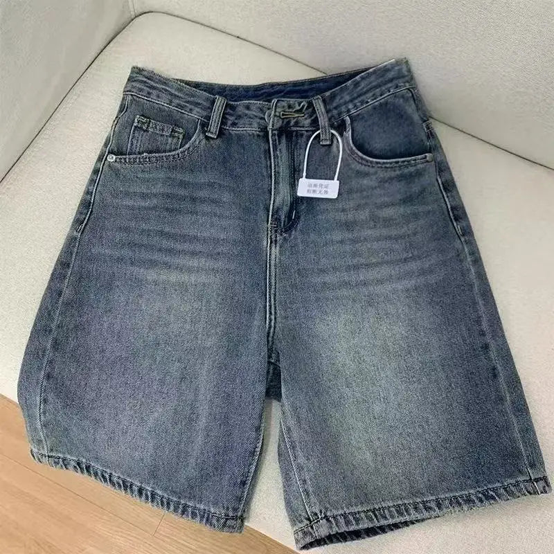 Retro High Waist Denim Shorts Women Loose Fit Summer Trendy Petite Flattering Straight Leg Casual Shorts