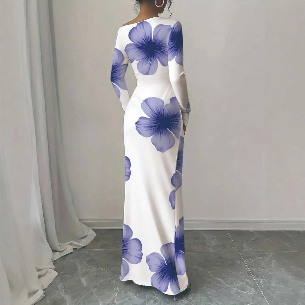 European and American 2025 Autumn New Printed Long Skirt Temperament Slim Long Sleeve Dress