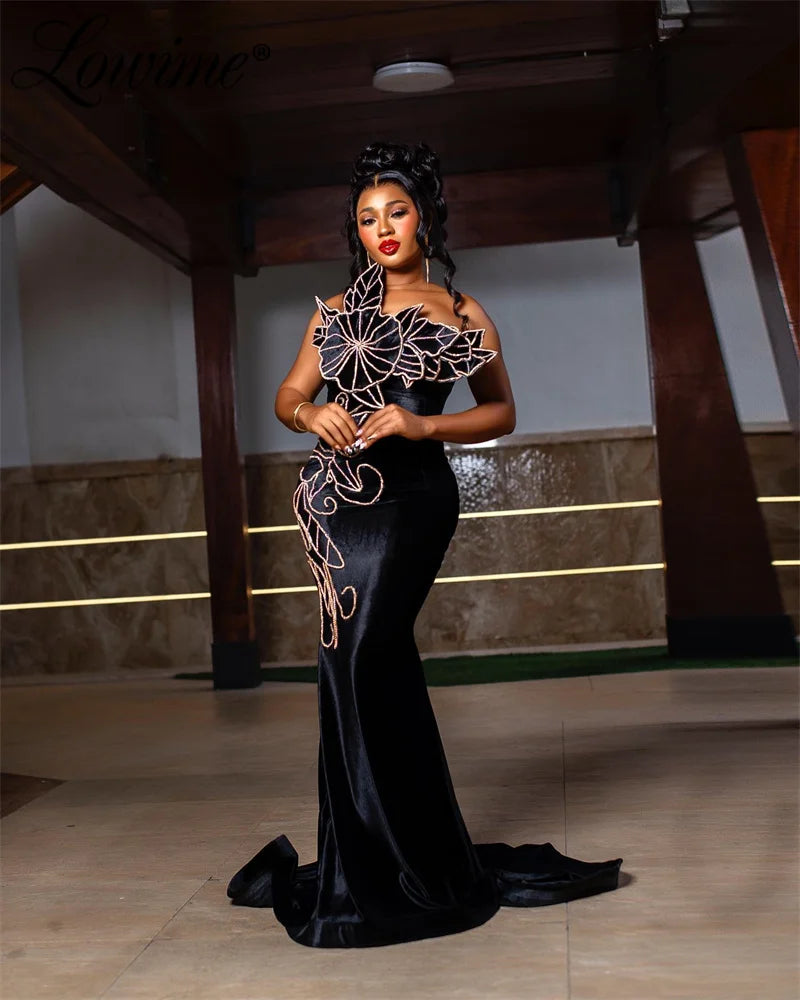2024 Black Velvet Mermaid Bespoke Occasion Dresses Long African Women Elegant Evening Gowns Custom Made Beaded Prom Party Dress