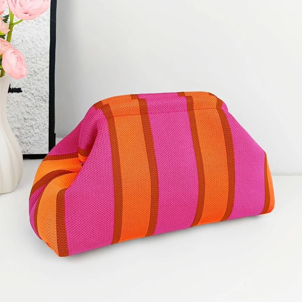 New Woven Bag Hollow-Out Striped Knitted Handbag Fly-Knitted Cloud Versatile Portable Cosmetic Bag