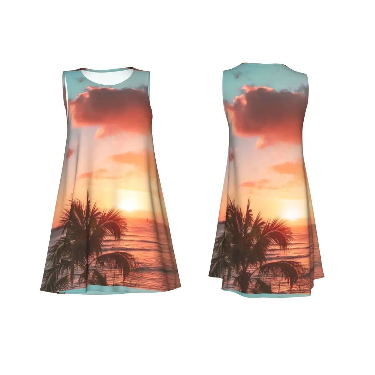 Ocean Sunset Casual Dress Palm Tree Print Sleeveless Elegant Dresses Ladies O Neck Simple Dress Day Print Clothing Birthday Gift