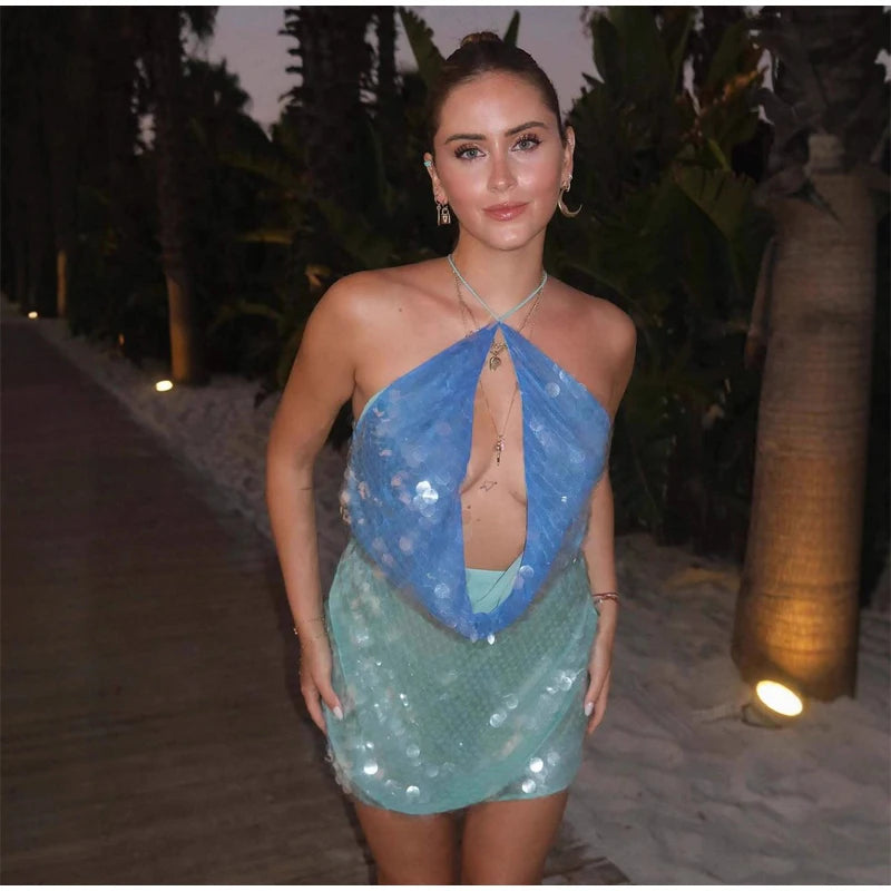 Women's 2026 Light Blue Halter Sequin Dress Sleeveless Loose Large Sequin A-Line Mini Dress Summer Evening Party Shining Gown