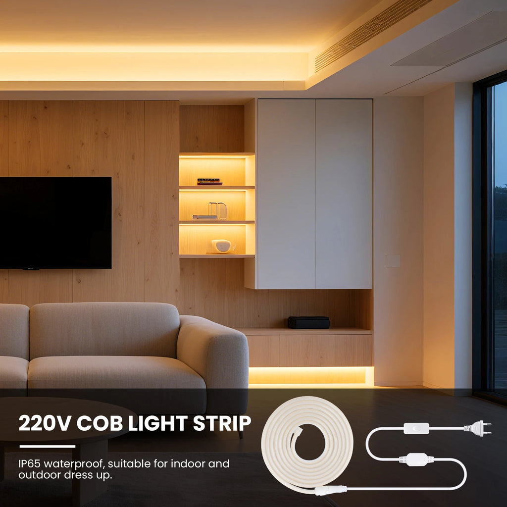 1-20M 220V COB LED Strip 288LEDs/m Outdoor IP65 Waterproof Switch/Dimmable LED Tape Ribbon Neon Lights For Kitchen Room 10 Color