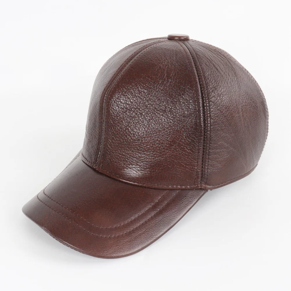 New Men Casual Real Leather Earflap Cap Men Real Cowhide Leather Caps Male Fall Winter Genuine Real Cow Leather Baseball Hats