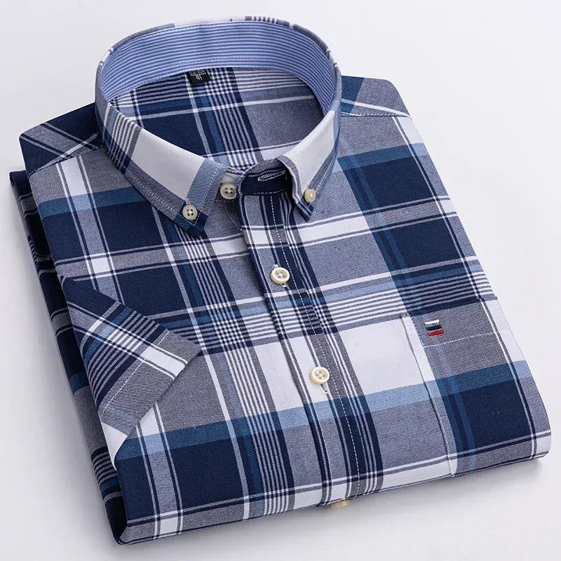 2025 100% Pure Cotton Men's Oxford Short Sleeve Square Collar Soild Plaid Striped Summer Casual Shirts Single Pocket  Shirt