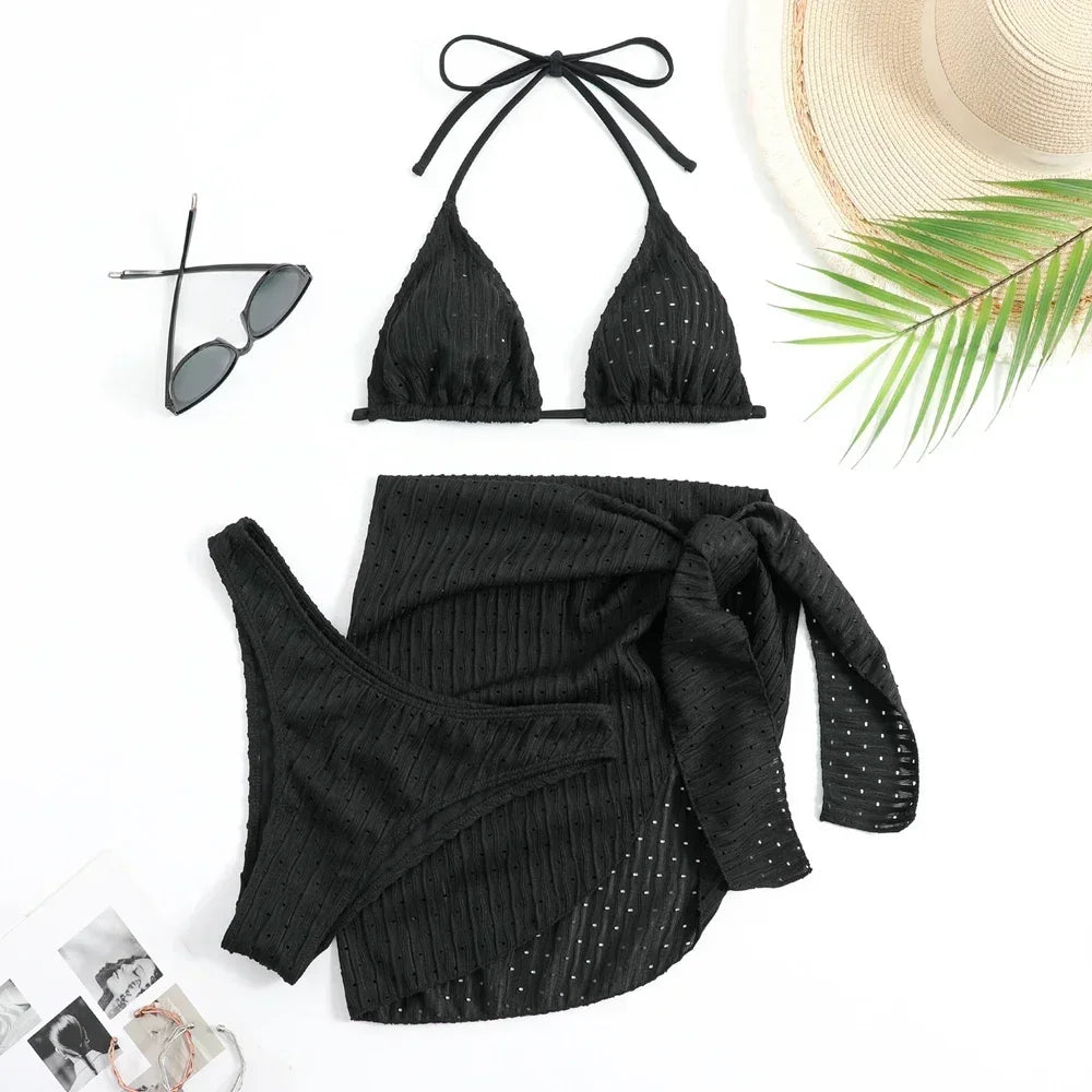 Trendy Women's 3 Piece Halter Bikini Set Sexy Thong Swimsuit Summer Bathing Suit Cover Up Thong Swimwear Biquini Brasileiro