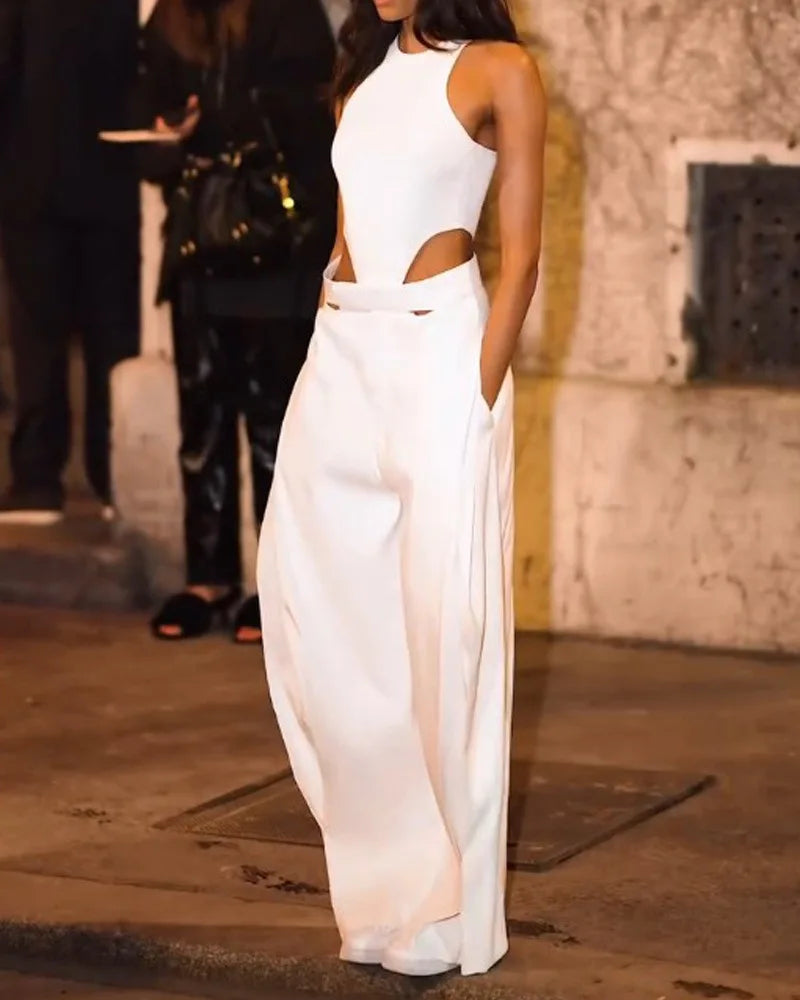 Women's Solid Color Sleeveless Hollow Out High Waist Wide Leg Jumpsuit Overall Playsuit