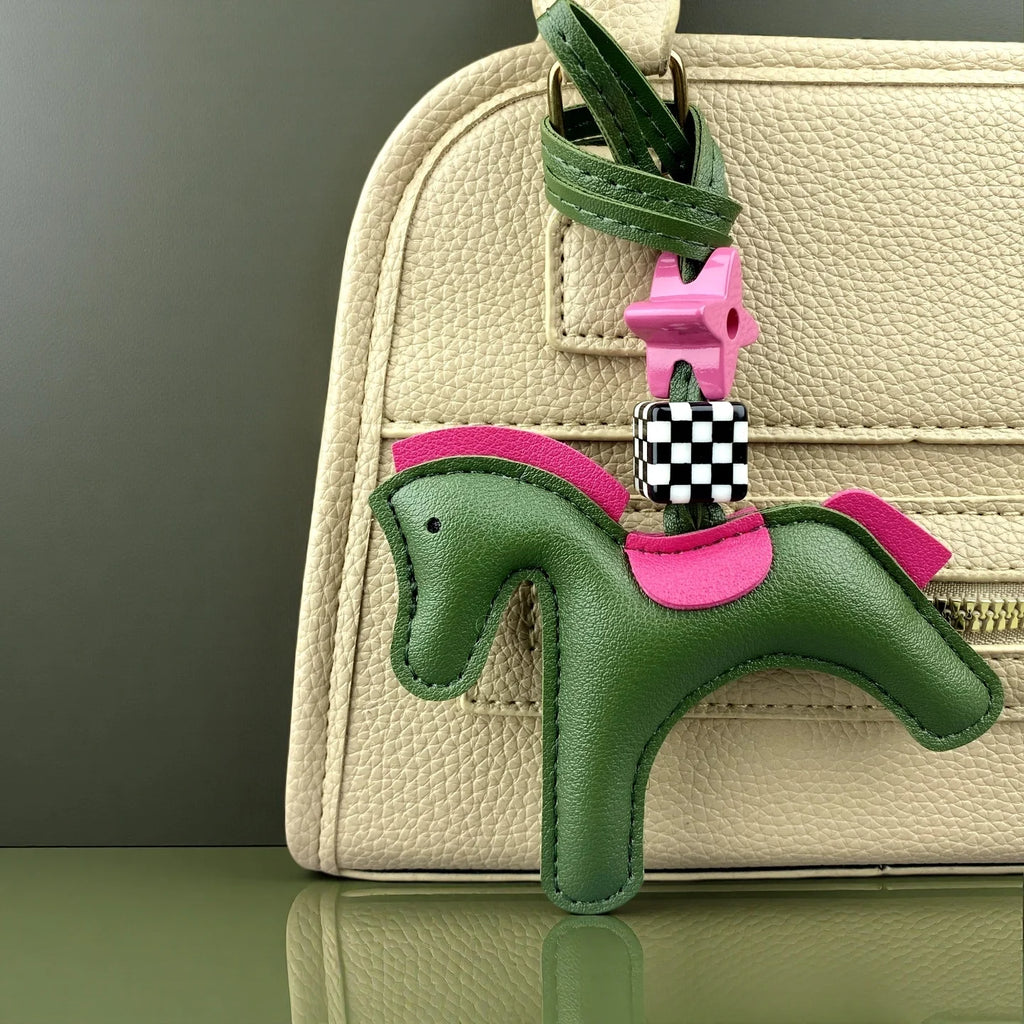 Chic PU Leather Pony Bag Charm, Lucky Clover & Checkered Bead Pendant, Y2K Boho Purse Accessory, Gift for Her