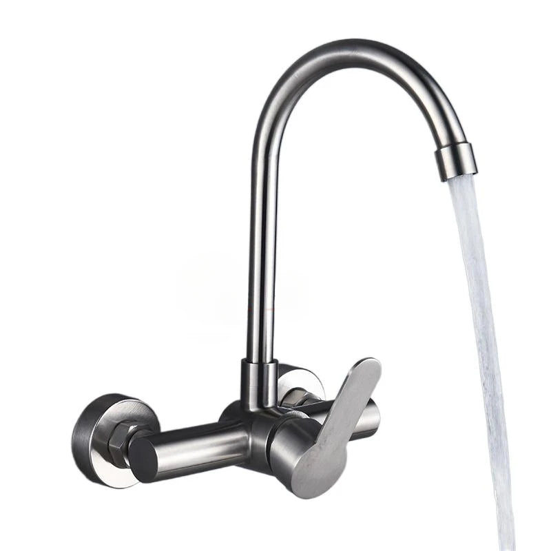 Wall Mount Kitchen Sink Faucet 304 Stainless Steel 2 Modes Hot and Cold Mixer Taps Double Hole Rotating Kitchen Faucets Brushed