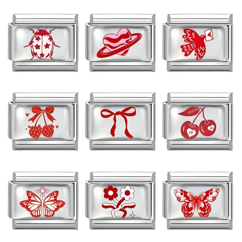 Fashion Red Series Heart Flower Bowknot Cherry Women Men Charm Link fit 9mm Stainless Steel Italian Bracelet Making DIY Jewelry