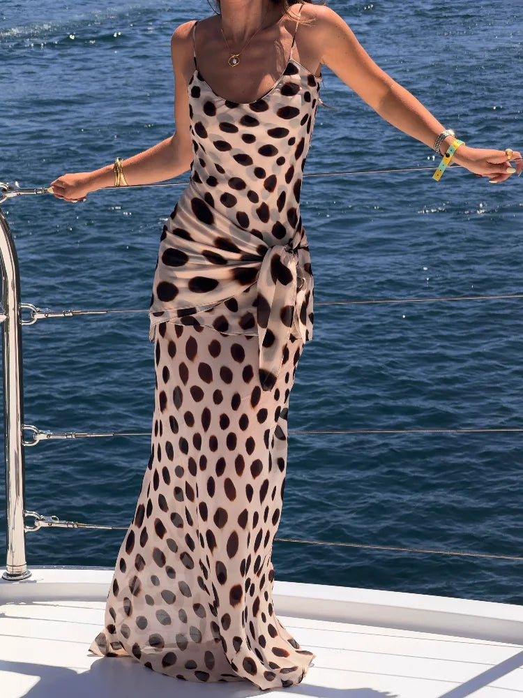 Trendy Slip Dress Animal Print V-neck Sexy  High Slit Fit Maxi Women Dresses Party Stylish Retro Summer Beach Street Outfits Y2k