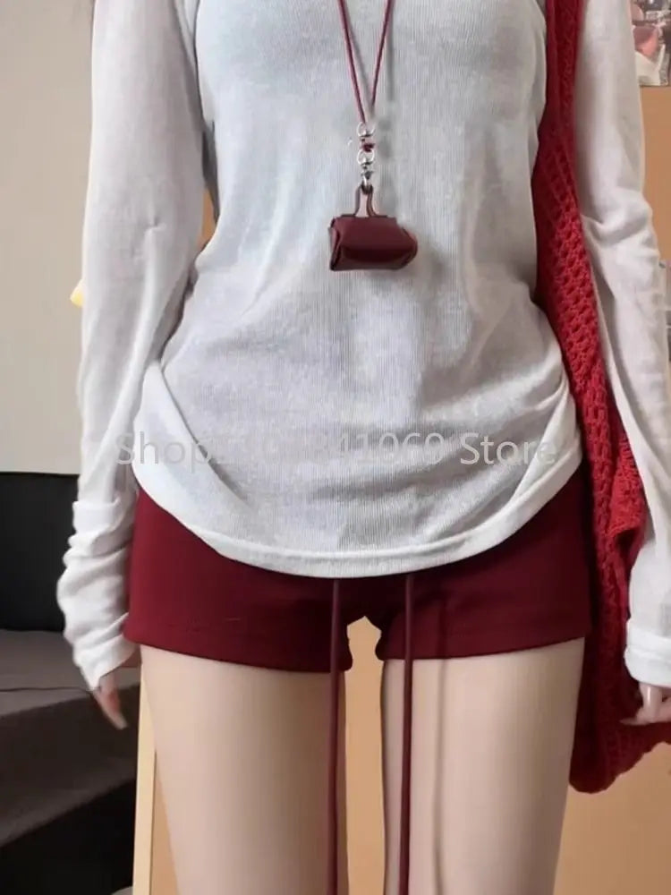 Red Shorts Women's Summer New Mid Waist Slim Fit Casual Drawstring Sports Pants Shorts for Women Womens Clothing