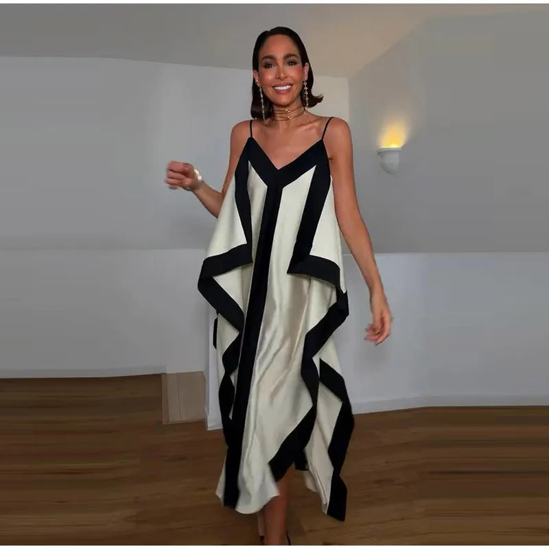 Contrast Black Trim Satin Cami Maxi Dress Deep V Neck Loose Flowy Ruffle Hem Lady Long Gown 2026 Summer Formal Vacation Dresses