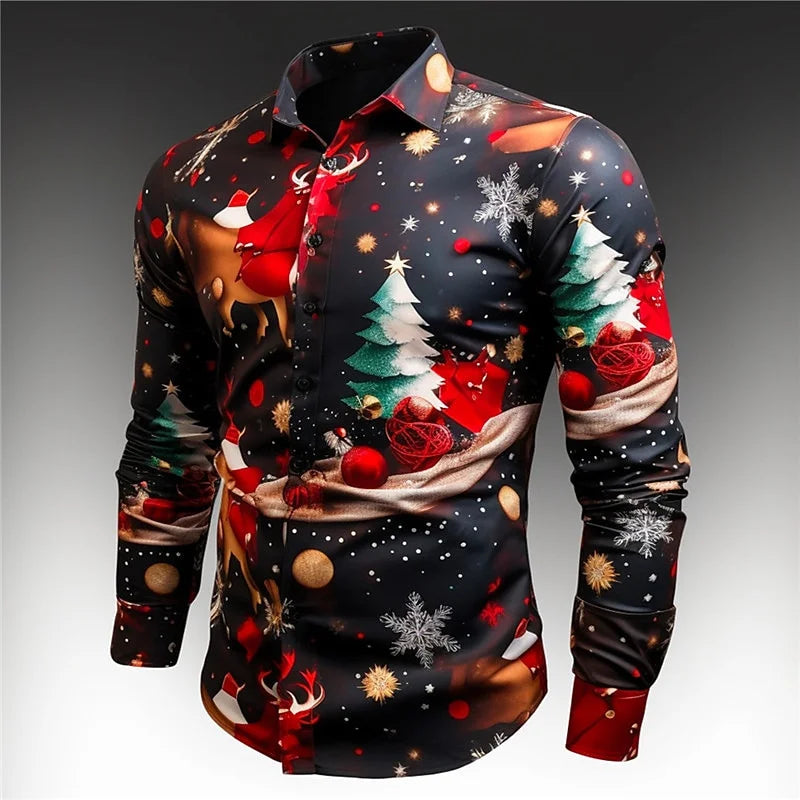 Christmas Fireworks: Santa Print Men's Long Sleeve Shirt, Men's Fashionable Party Christmas Shirt, Four Seasons Casual Men's Shi