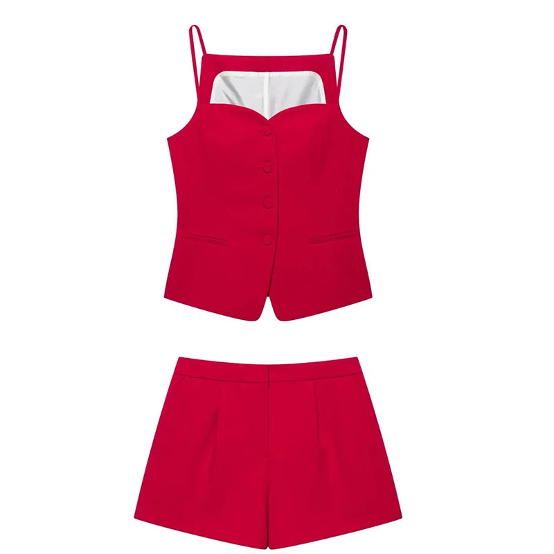 2026 Women Sweetheart Strap Top Mini Shorts Two Piece Set Summer Solid Color Ladies Office Daily Causal Commuter Short Set