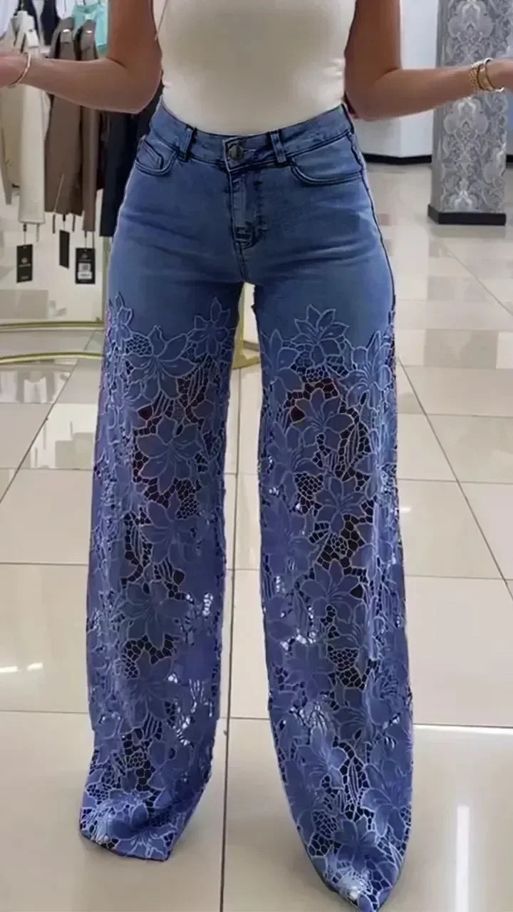 Denim Wide Leg Pants Women Jeans Lace Hollow Out High Waist Washed Distressed 2025 Straight Trousers Floor Length Streetwear