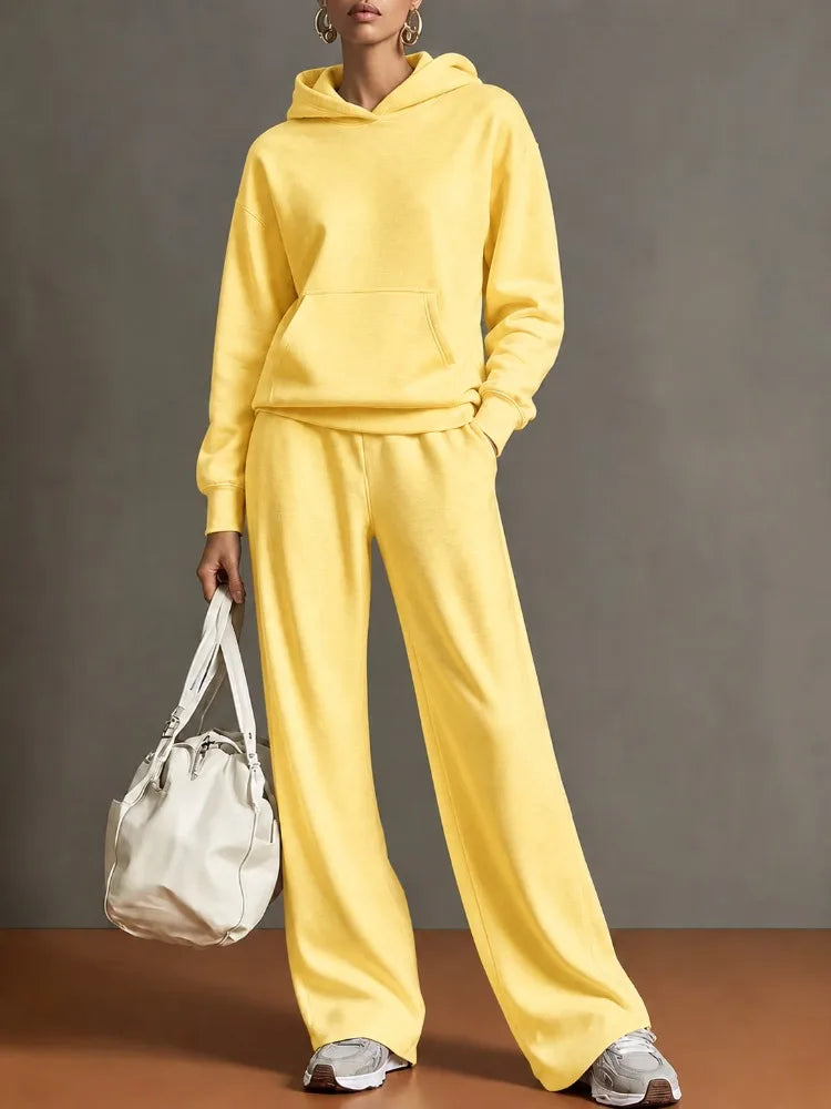 Autumn Fashion Warm Hoodie Sweatshirts Two Pieces Over Sized Solid Casual Hood Pullovers Long Pant Sets Women's Tracksuit Suit