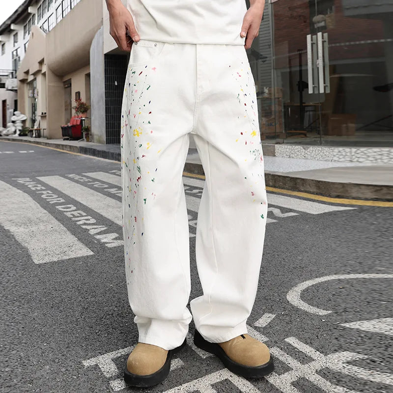 Men's Color Ink White Denim Jeans Cityboy Streetwear Fashion Hip Hop Loose Casual Wide Leg Baggy Jeans Y2k Pants