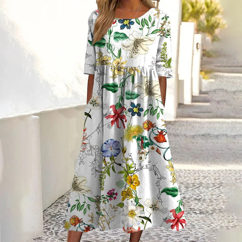 2026Summer New Arrival Women's Casual Crew Neck Pocket Short Sleeve Printed Dress