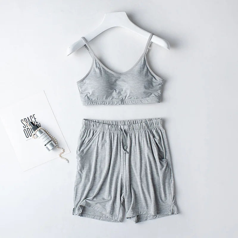 Spring/Summer Ladies Pajamas Sling + Shorts Modal With Chest Pad Solid Color Homewear Set Pajamas Sleepwear Lingerie