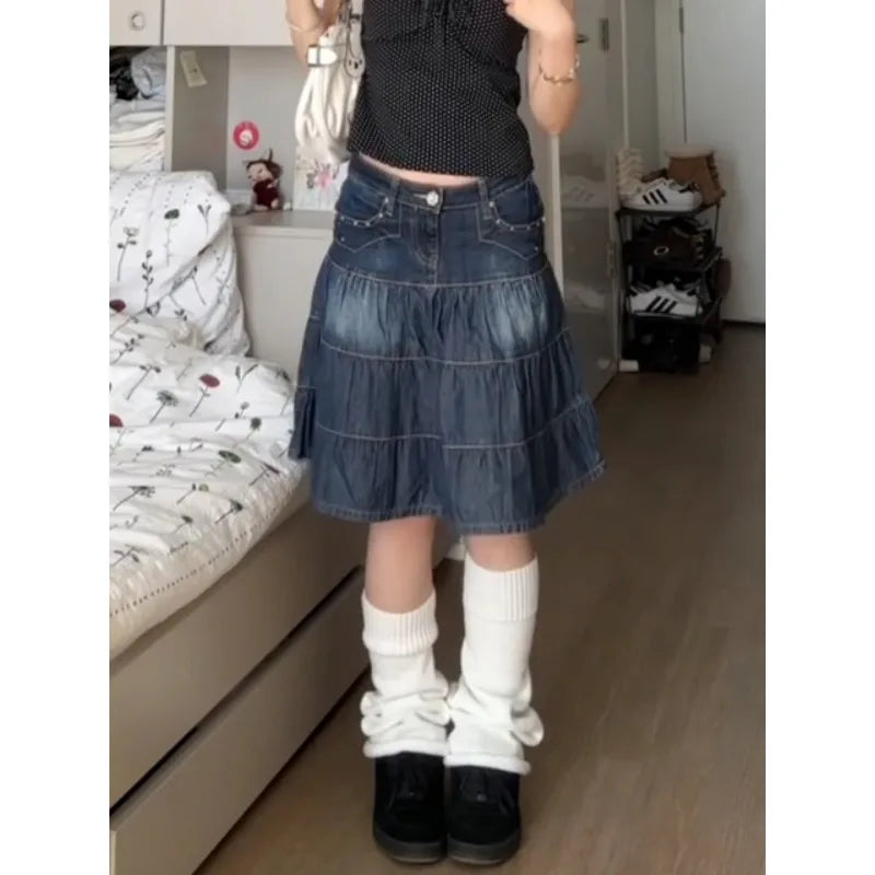 Women Denim Skirts Loose A-line High Waist Jupe Fashion Summer Korean Saia 2025 Faldas Mujer De Moda Vintage Casual Y2k Skirt