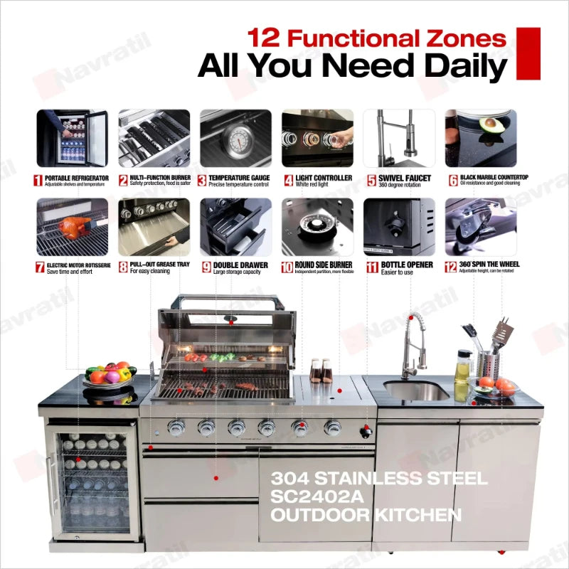 Custom Modular Outdoor BBQ Backyard Kitchen 304 Stainless Steel Outdoor Kitchen Can Assemble Freely Sink Refrigerator