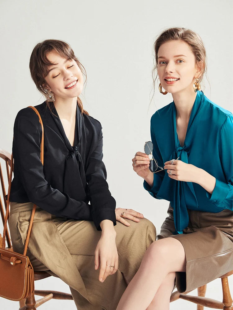 SuyaDream Women's Silk Blouse Long Sleeve Bow Collar Office Chic Solid Color Shirt 93% Silk 7% Spandex Spring 2025