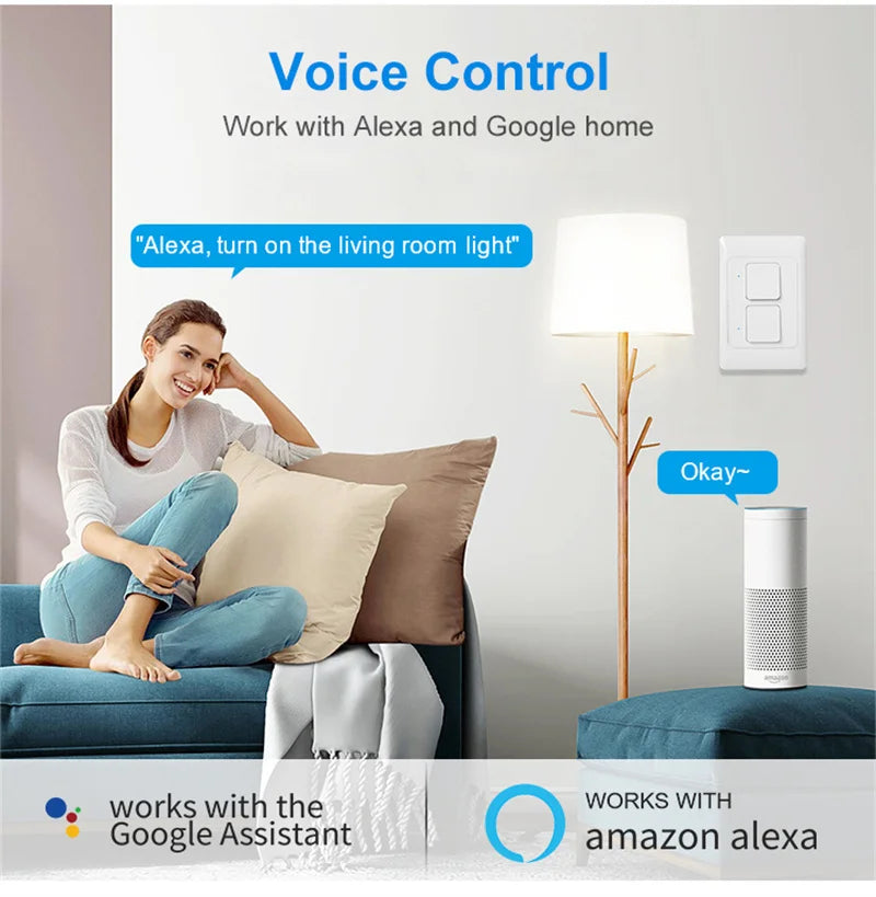 Tuya WiFi Light Switch Smart Wall Push Button Switches No Neutral Required 110-240V 1/2/3 Gang Physical Lamp Switch APP Voice