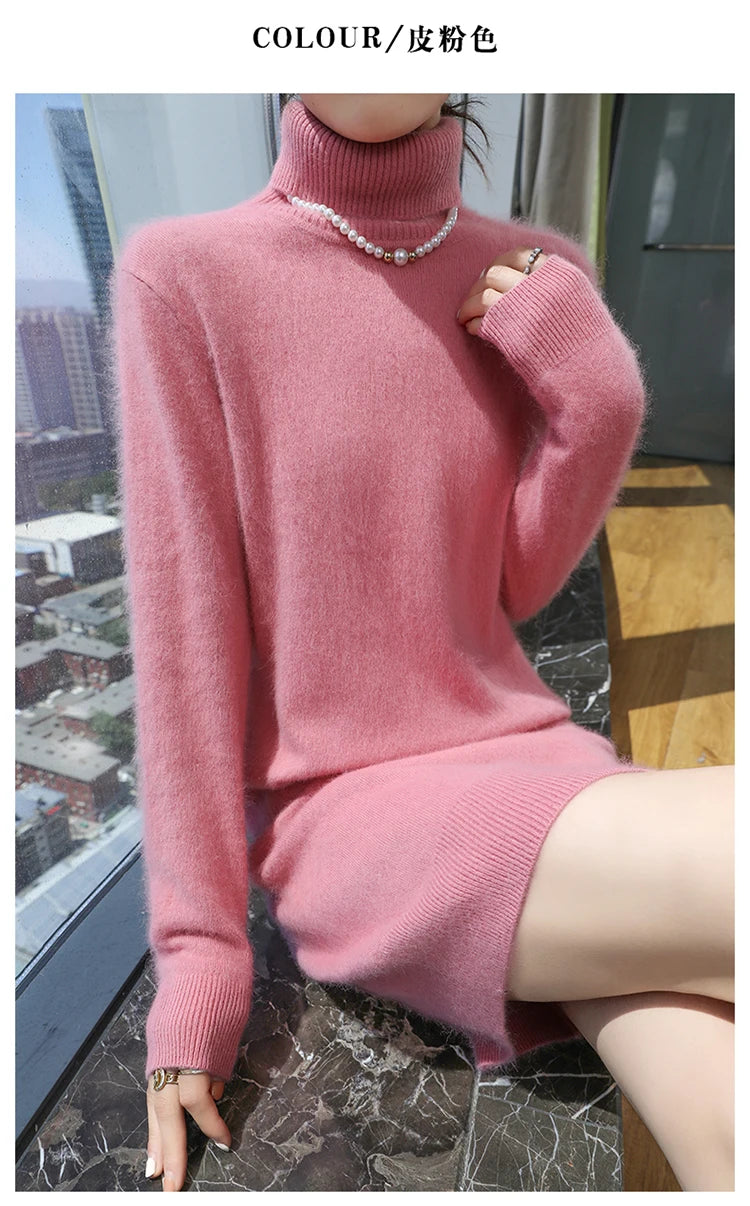 New Hot Selling 100% Mink Cashmere Knitted Women's High Neck Pullover Dress Sweater Slim Fit Solid Color Long Women's Dress