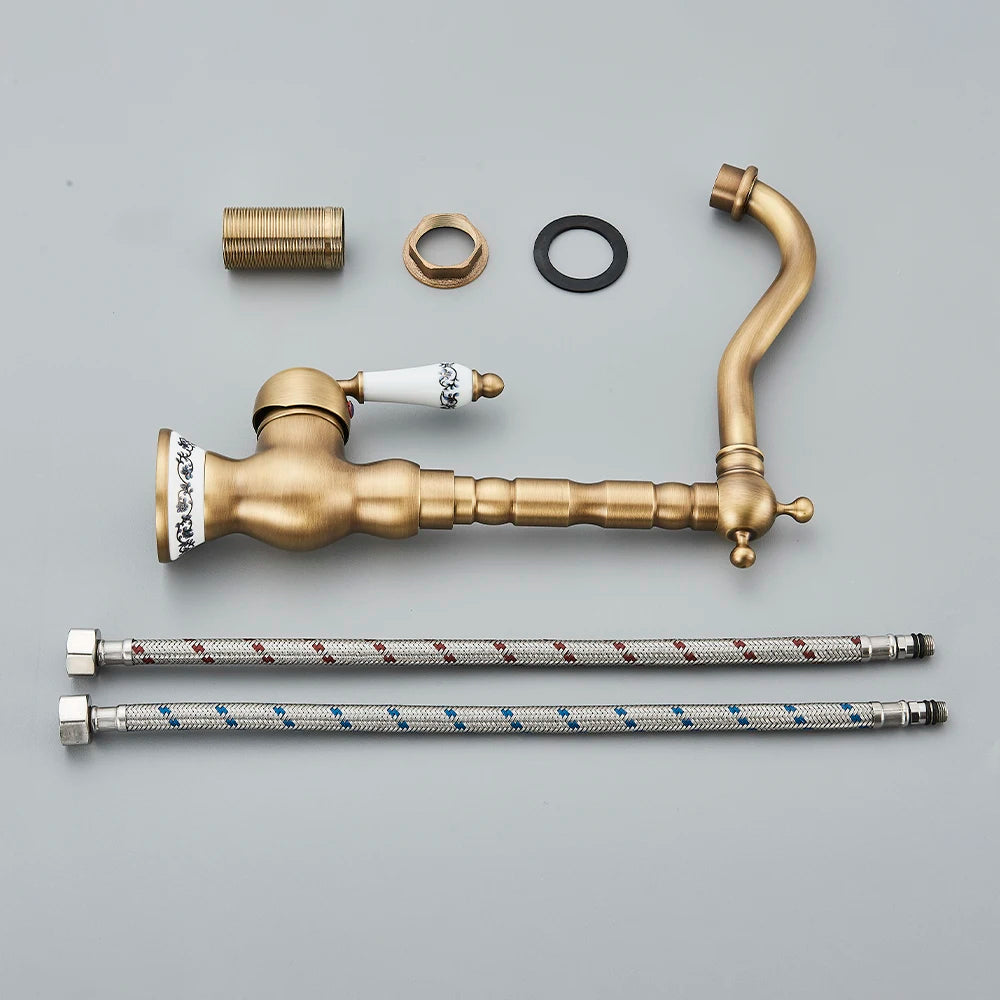 Antique Brass Bathroom Faucet Hot & Cold Mixer Tap Single Hole Single Lever Rotatable Ceramic Handle for Kitchen