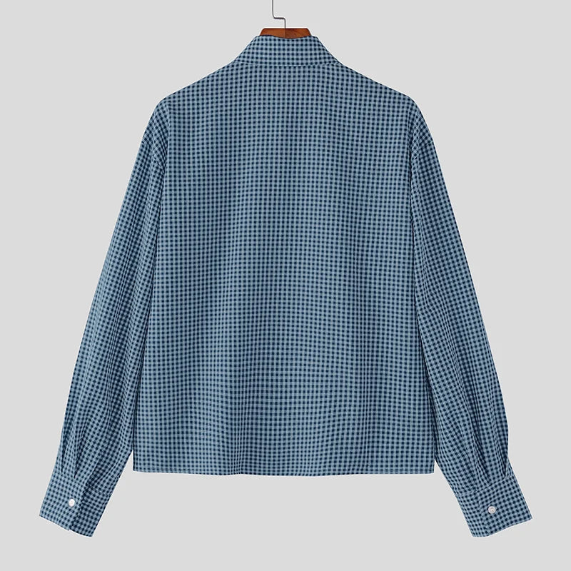 INCERUN Men Plaid Shirt Lapel Long Sleeve Patchwork Loose Men Clothing Streetwear 2026 Spring Fashion Casual Tops Male Shirts