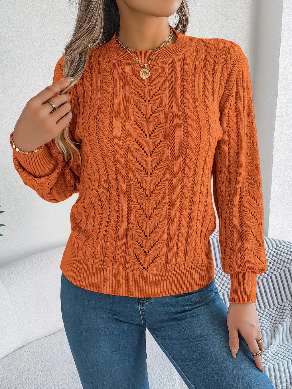 Women Solid Openwork Knit Pullover Round Neck Long Sleeve Cozy Fall Winter Resort Ready Sweater Top