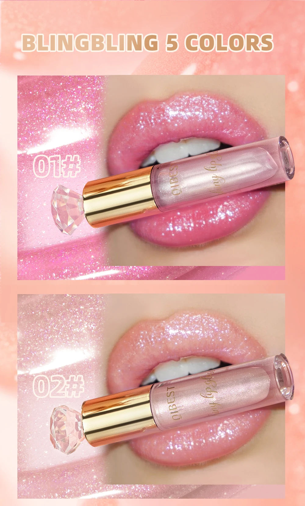 QIBEST Diamond Glitter Lipgloss Hydrating Lasting Pearlescent Metallic Liquid Lipstick Moisturizing Shiny Lip Glaze Cosmetics