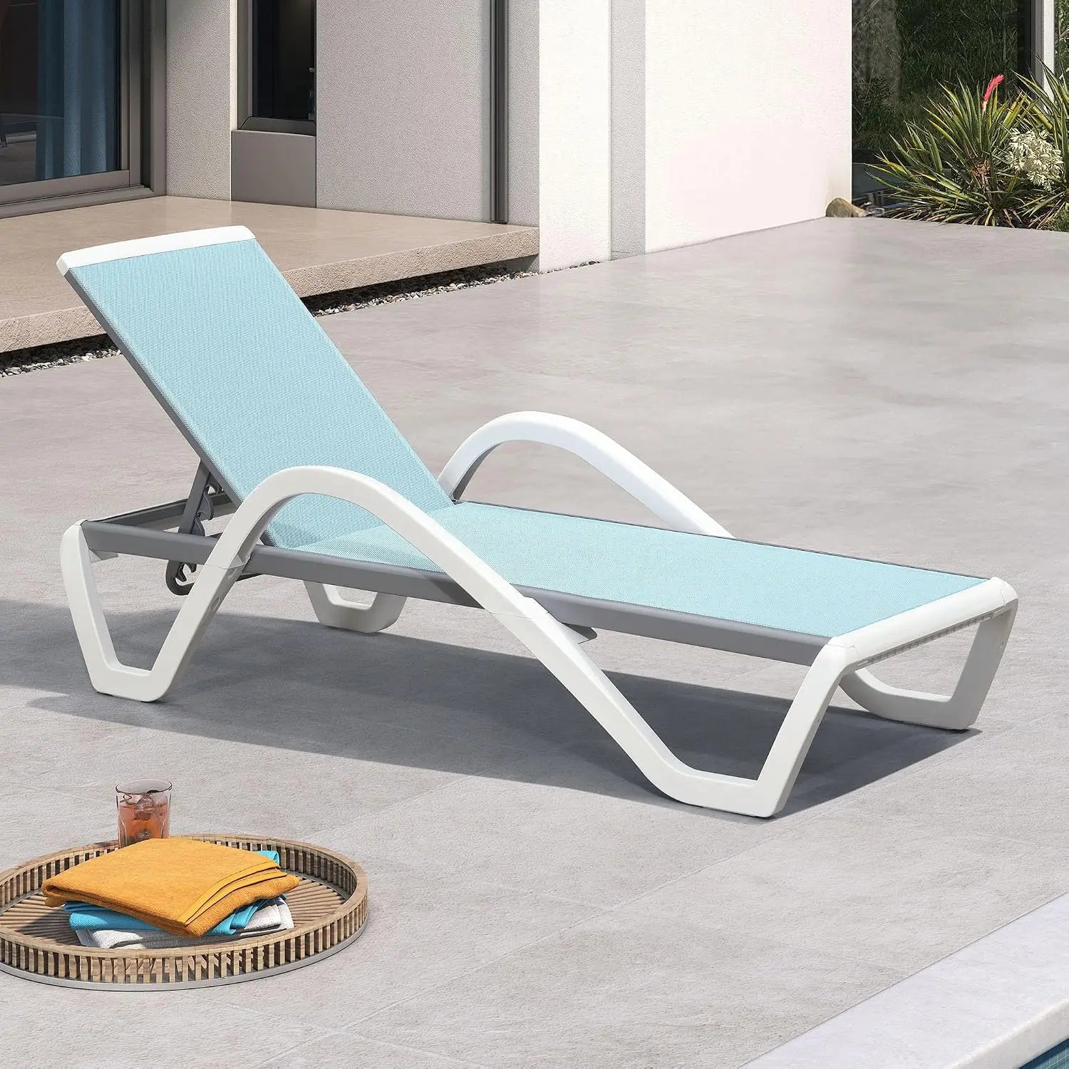 Stackable Plastic Chaise Lounge, 6-Position Reclining Flat Lay, PP & Textilene, Wheels, Outdoor Patio, Customized