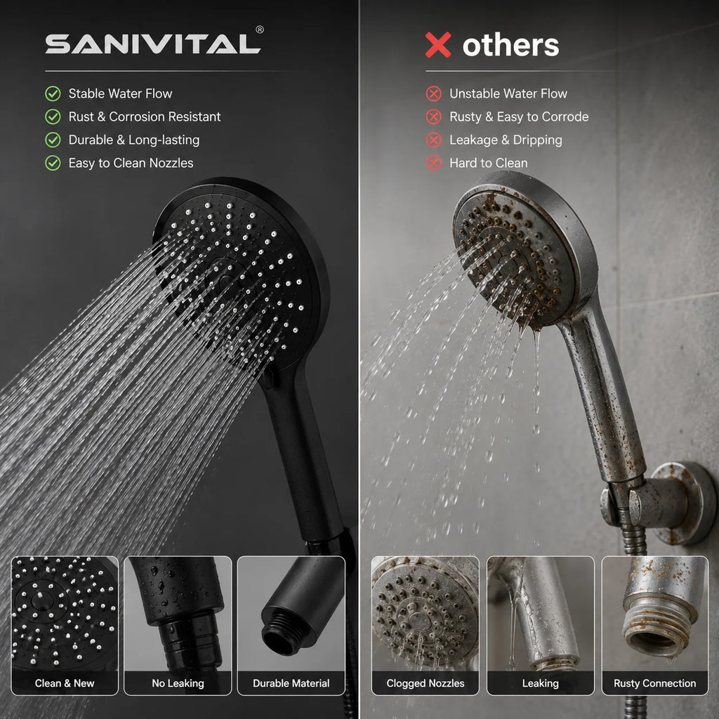 SANIVITAL Matte Black Handheld Shower Head with 5 Spray Modes High Pressure Anti-Clogging Bathroom Sprayer